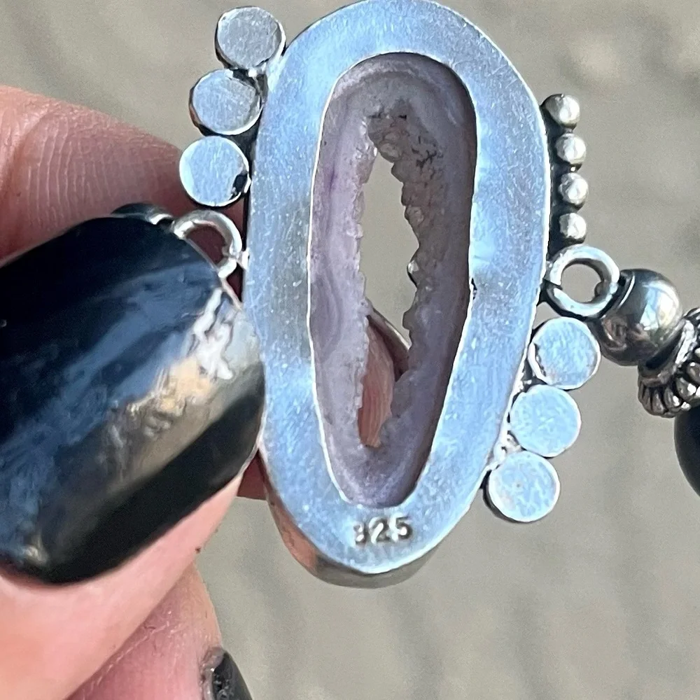 Herkimer diamonds sterling silver purple agate slice + genuine onyx bracelet_3